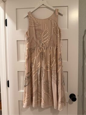 Adrianna Papell Nude-Beige Beaded Midi Dress